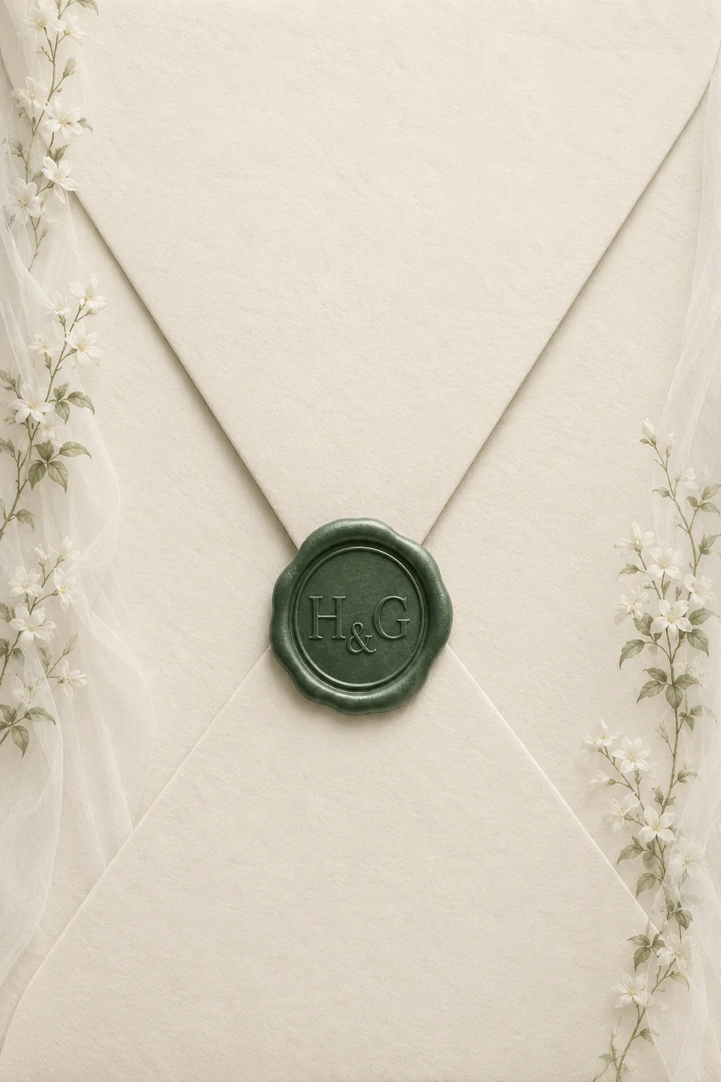 Ivory wedding envelope framed with white jasmine and soft voile